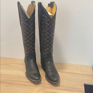 Black Leather Cowboy Boots with Multicolor Stitching by Justin Boot Company